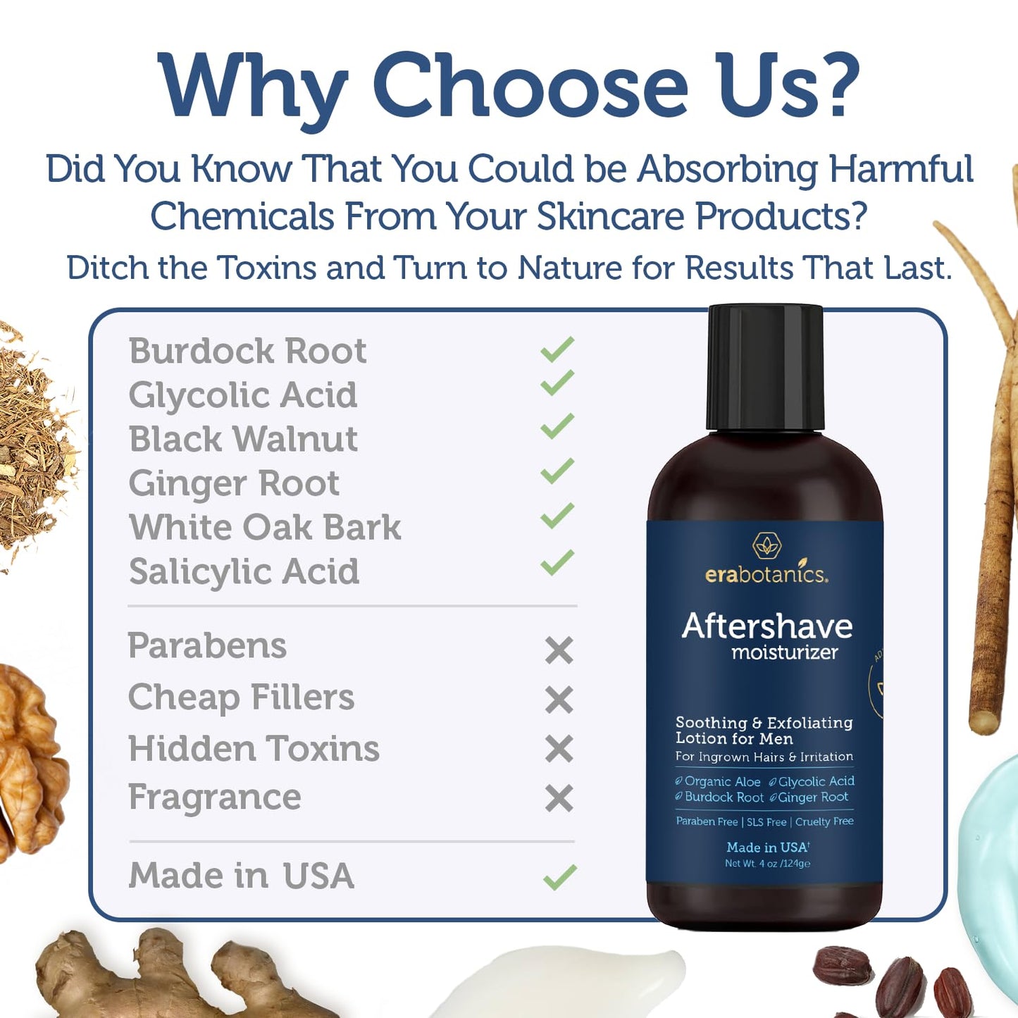 Era Organics Aftershave for Men - Soothing and Moisturizing After Shave Lotion - Made in the USA - Exfoliating Ingrown Hair Serum for Bumps or Irritation with Ginger Root plus Burdock Root