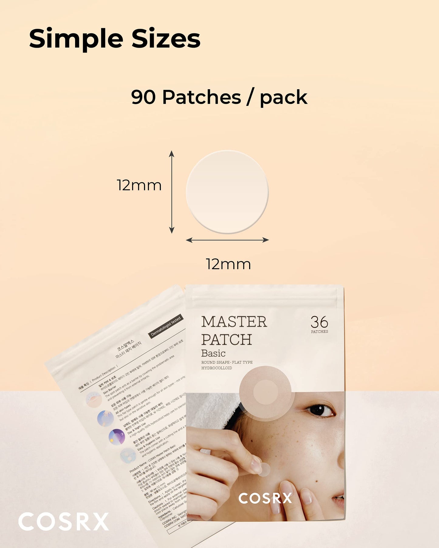 COSRX Master Patch Basic Value Pack, Overnight Acne Patch Hydrocolloid, Blemish Spot Sticker for Face, Strong adhesion & Thicker Spot Cover, 1 Sizes (90 Count)