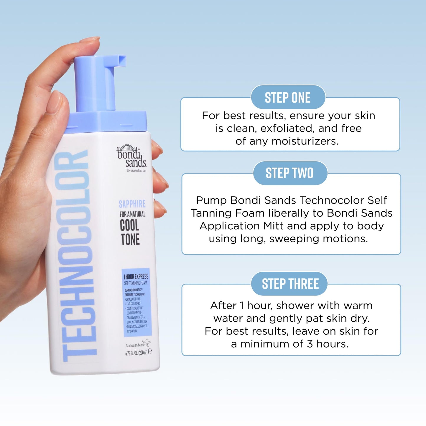 Bondi Sands Technocolor Sapphire 1 Hour Express Self Tanning Foam|Best for Fairer Skin Tones Looking to Achieve a Natural, Cool Toned Tan|6.76 fl. oz.