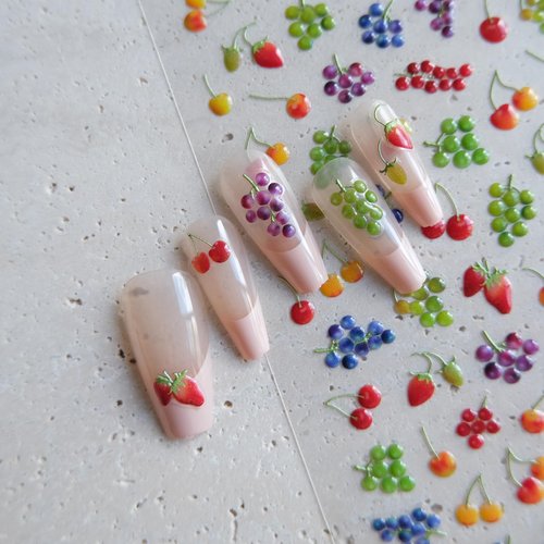 CESTSIREN Cute Fruit Nail Art Stickers, Embossed Cherry Grape Nail Decals, Nail Art Design, Self-Adhesive, Nail Accessories for Women, Nail Art Supplies