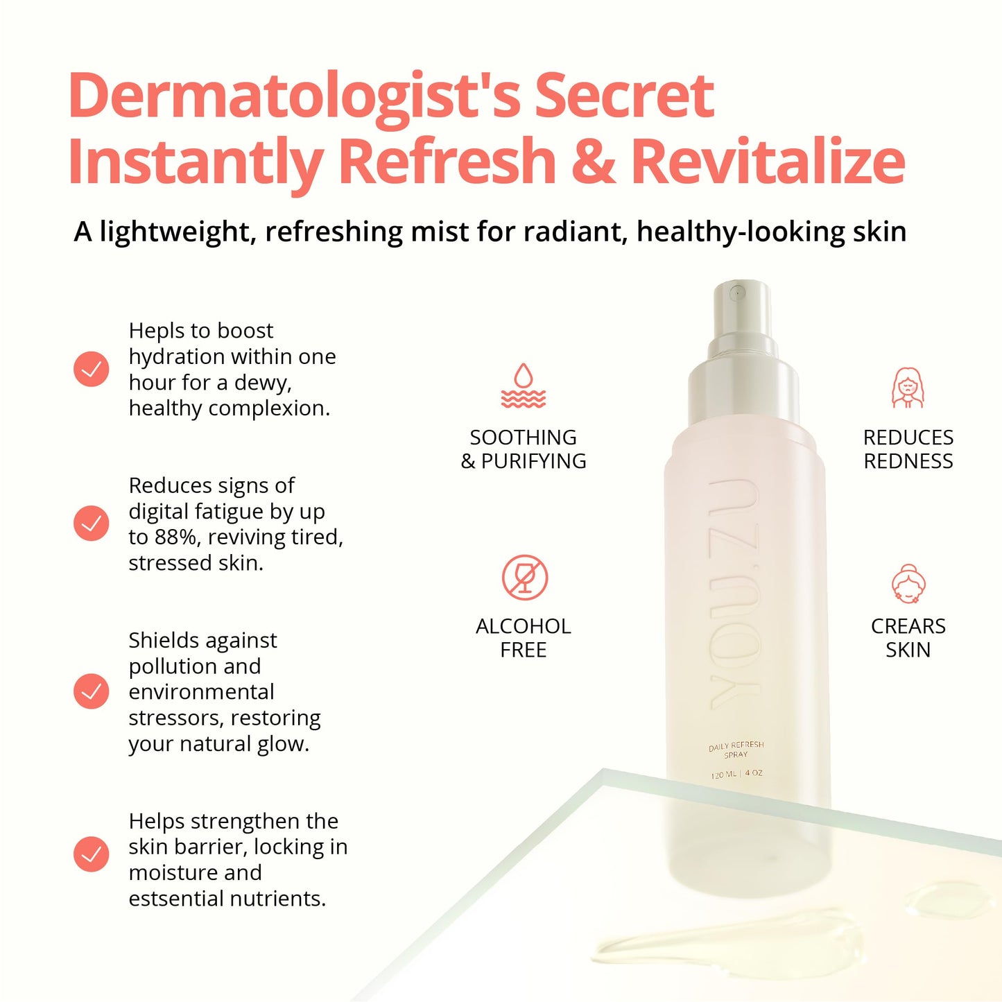 YOUZU Hypochlorous Acid Daily Refresh Spray – Gentle, pH-Balanced Cleanser & Toner – Alcohol-Free, Fragrance-Free, Vegan, Cruelty-Free – Hydrate & Soothe Sensitive Skin