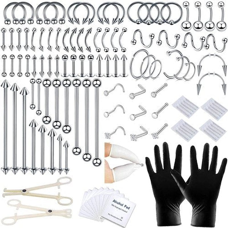 84PCS Body Septum Piercing Kit 14G 16G Tools for Nose Tongue Lip Ear Eyebrow Belly Button Cartilage Tragus Industrial Barbell Helix Daith Piercing Jewelry Clamps