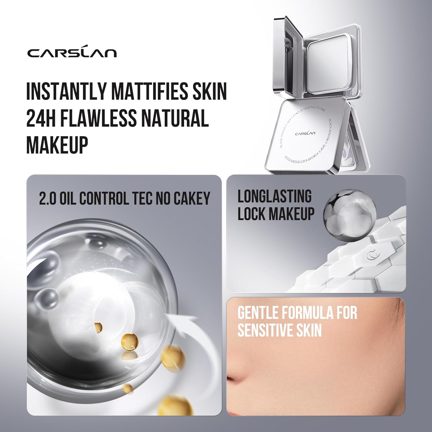 CARSLAN 2.0 Waterproof Translucent Setting Powder - Long-Lasting Oil Control Compact Makeup for Oily Skin, 0.28oz