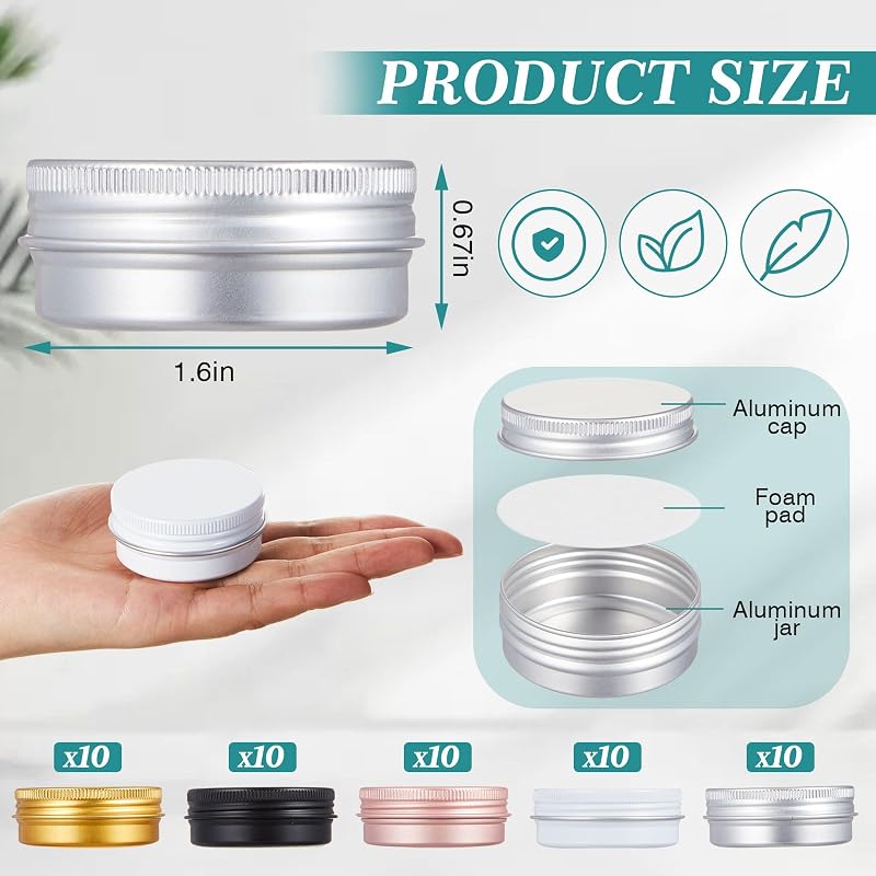 Multi-Color 0.5 oz Aluminum Lip Balm Tins with Screw Lids, Pack of 50