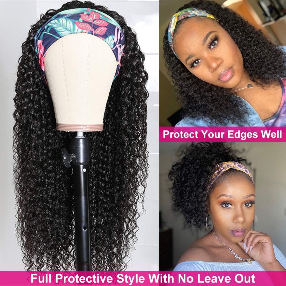 Eooma Curly Headband wig Human Hair 16 inch No Gel Kinky Curly Headband Wigs for Black Women 180 Density Scarf None Lace Front Wigs Human Hair
