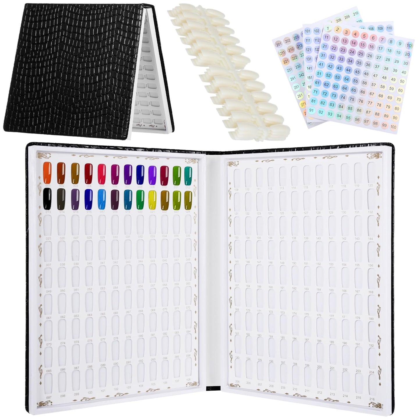 216 Nail Colors Display Book, Nail Gel Polish Organizer Book, Waterproof Textured PU Leather Nail Color Chart with 240 False Nail Tips & 1-300 Numbered Stickers for Nail Art Salons, DIY Nail Design
