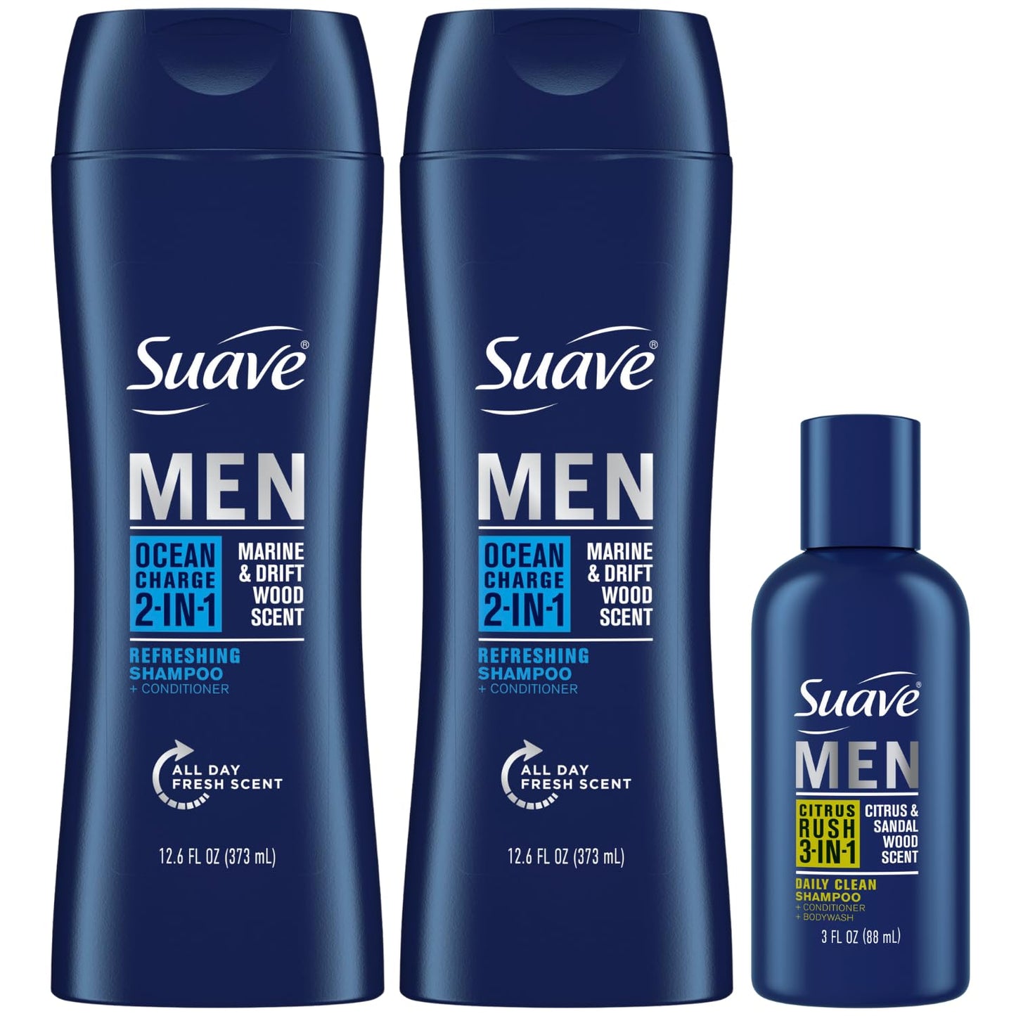 Suave Body Wash, Shampoo & Conditioner 3-in-1, Citrus Rush for Men, Travel Size + Shampoo and Conditioner 2-in-1, Ocean Charge for Men, Full Size, Twin Pack (3 Piece Set)