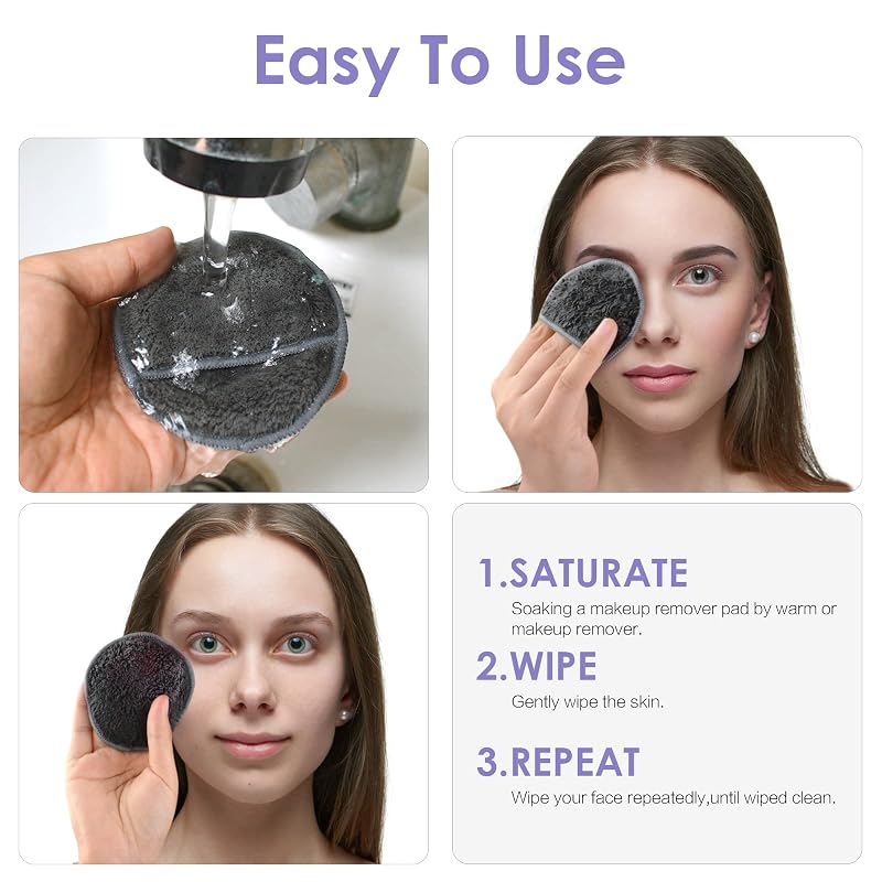 Sunland Reusable Makeup Remover Pads 3.15 Inch Round, 32 Pack with Travel & Laundry Bags - Grey