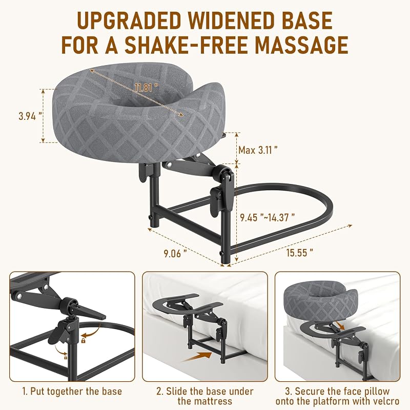 Massage Headrest for Bed with Grey Face Cradle, Height Adjustable to 19 in