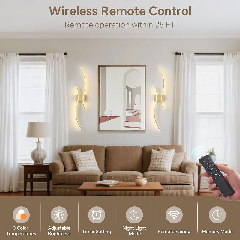 Brushed Brass Wireless Wall Sconces 2-Pack, Dimmable 3CCT, 15–65H Runtime - Arc Style