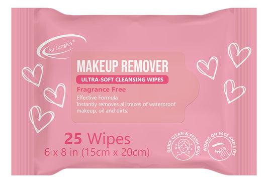 Air Jungles Makeup Remover Wipe 25 Counts, Fragrance-Free, Gently Removes Waterproof Makeup and Oil, Face Cleansing Towelettes, Alcohol Free, Infused Vitamin E for All Skin Type