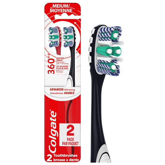 Colgate 360 Optic White Advanced Whitening Toothbrush, Adult Medium Toothbrush with Whitening Cups, Helps Whiten Teeth and Removes Odor Causing Bacteria, 2 Pack