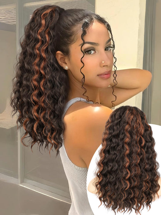 Isaic Ponytail Extension 16 Inch Long Wavy Curly Ponytails Drawstring Ponytail for Black Women Brown With Lighter Brown Highlights Pony Tails Hair Extensions Synthetic Hairpiece for Daily Use