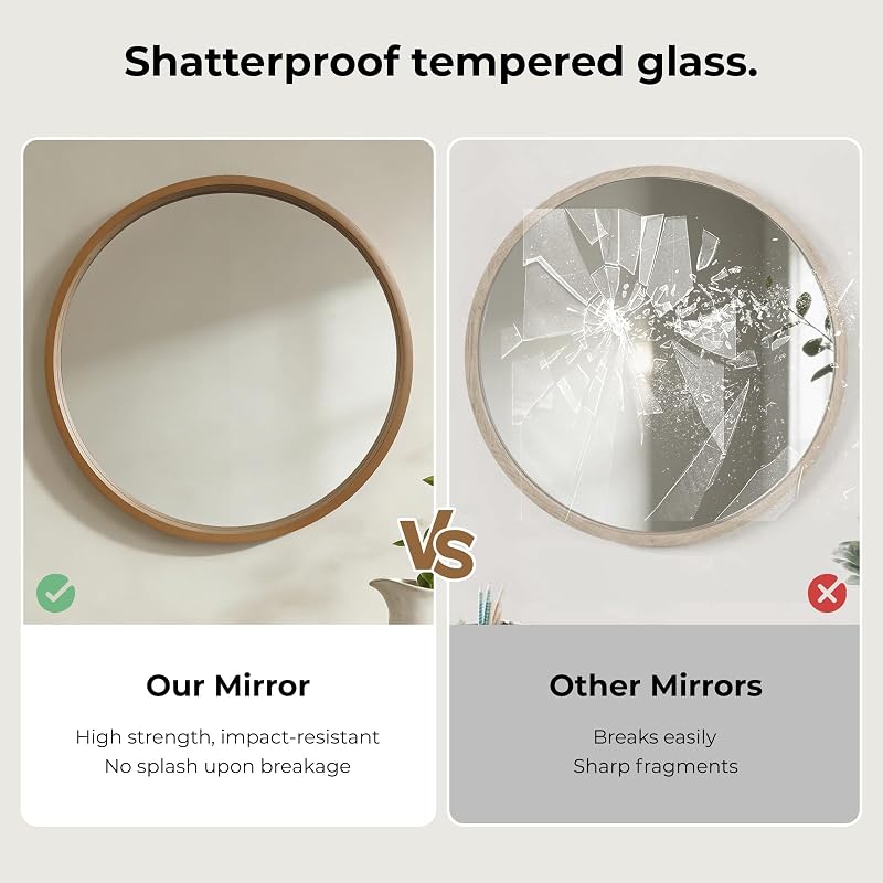 24-Inch Natural Round Wood Mirror with Circle Frame - Wall-Ment Bathroom & Living Room