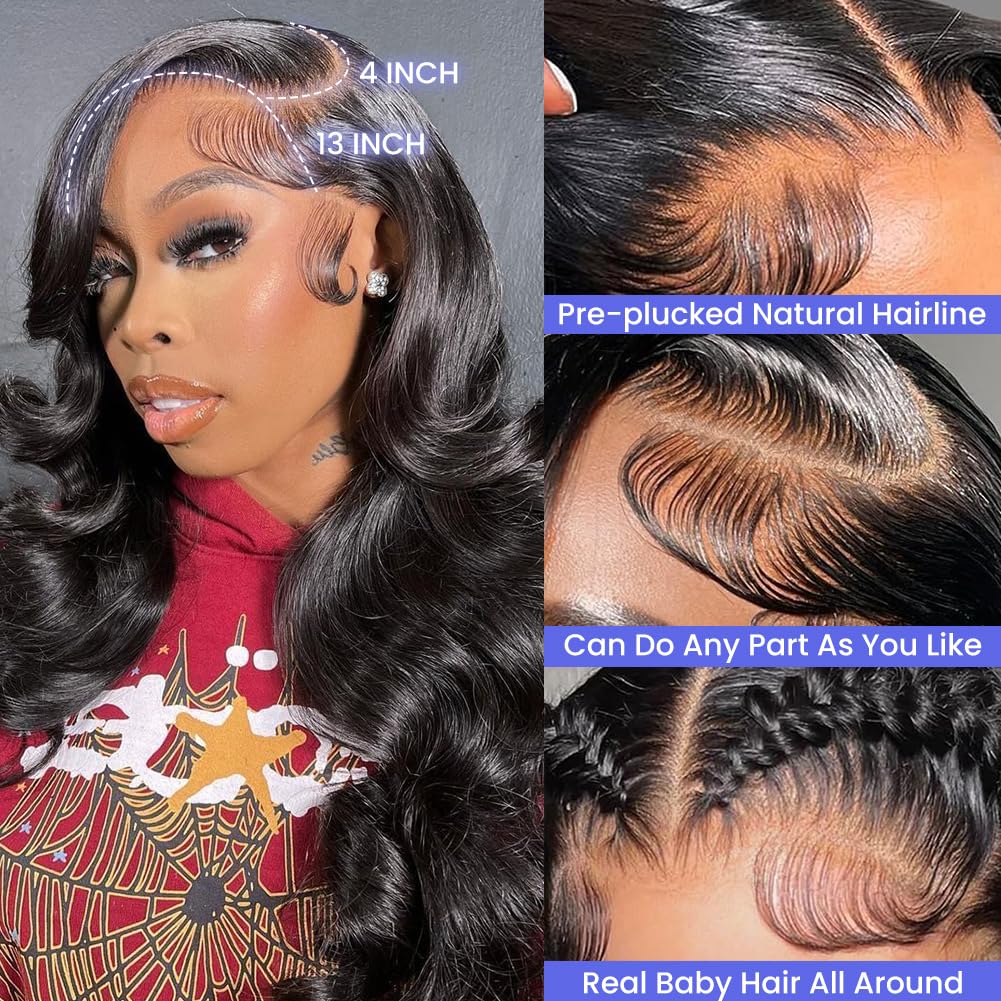 FASCARA 13x4 Body Wave Lace Front Wigs Human Hair Pre Plucked 180% Density HD Transparent Lace Frontal Wigs for Women, 9A, Small Bleached Knots, with Baby Hair, 18 Inch, Natural Color