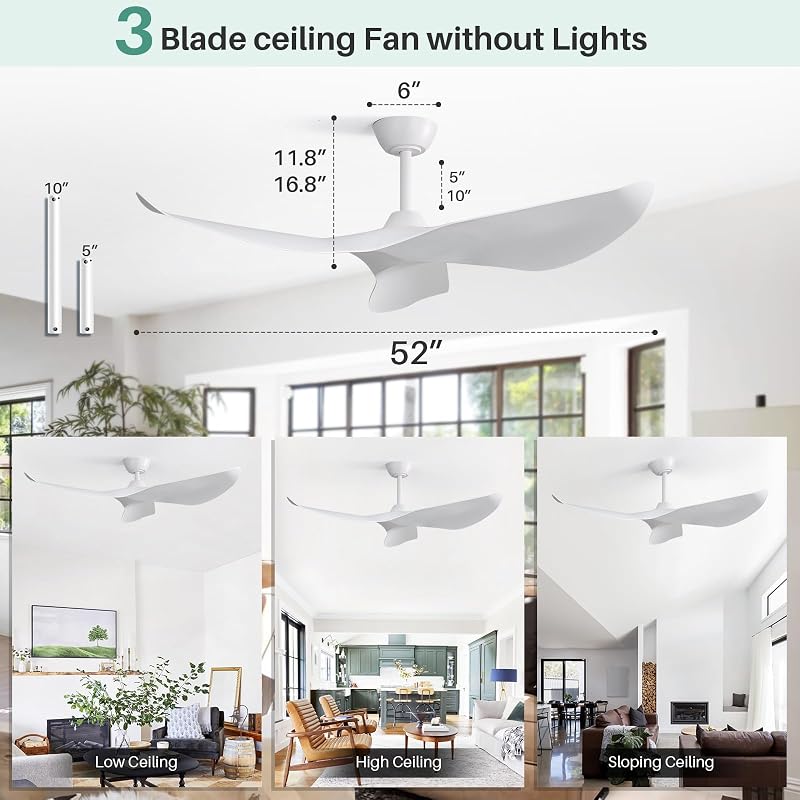 52-Inch White Ceiling Fan with Remote, 6 Speeds, Low Profile Dc Motor - A-52 Inch/White+52 Inch