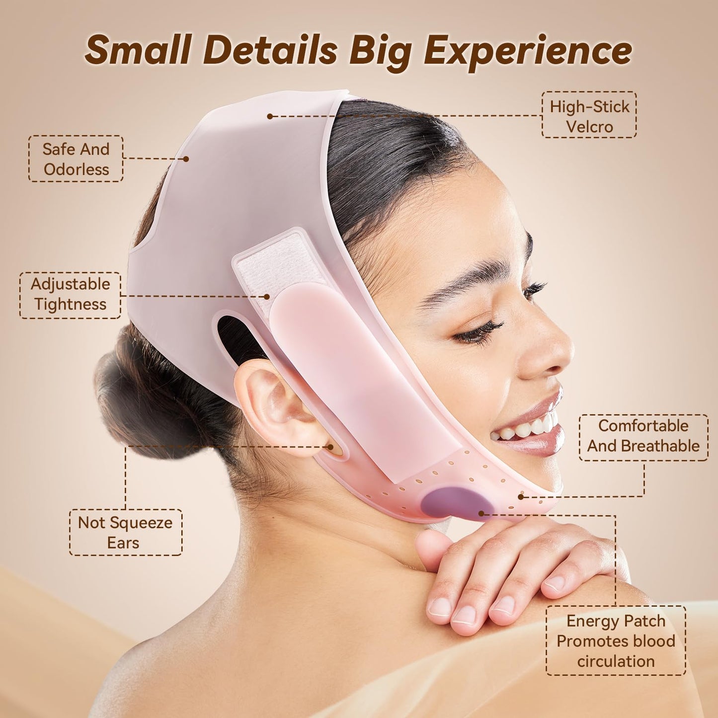 JUSRON V-Line Mask Chin Up Mask Face Strap, Soft Silicone Chin Strap V Shaped Face Mask 23-27 Inches (Pink)