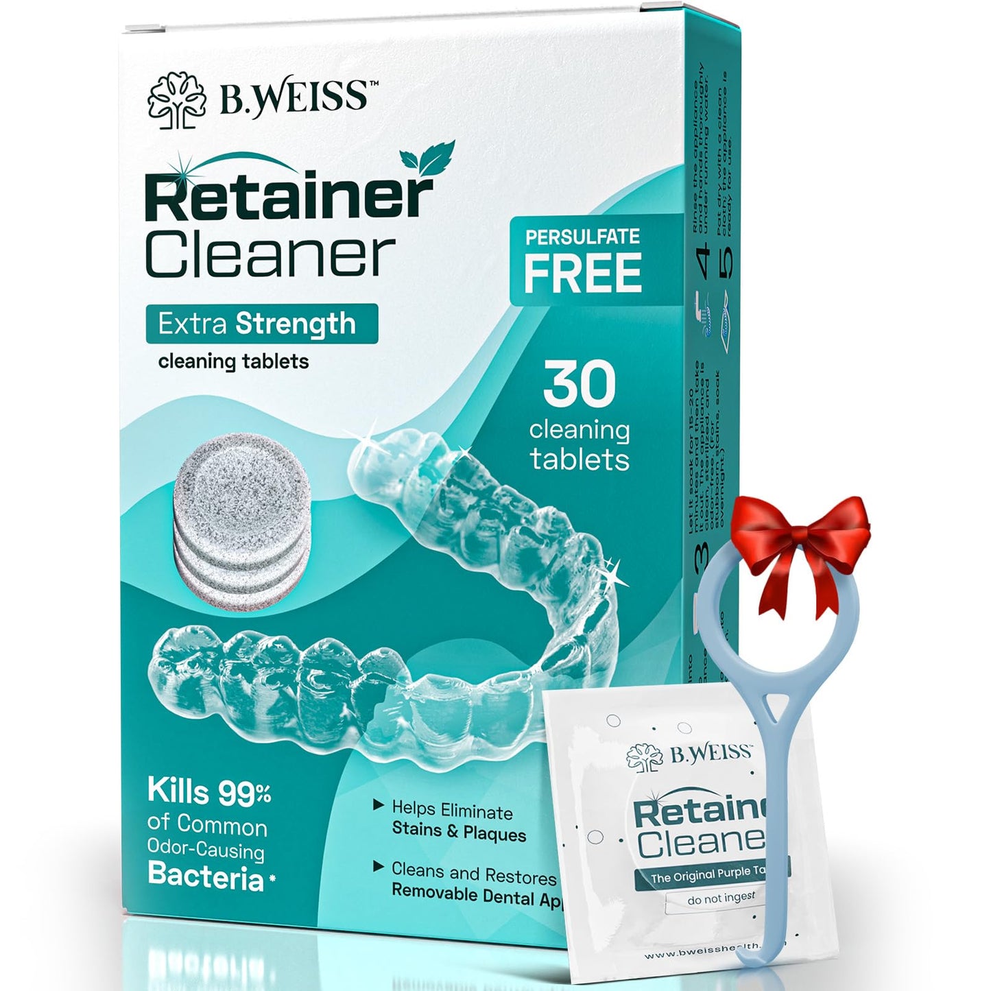Weiss Naturals Retainer Cleaner Tablets, Invisalign Cleaner, Remove Stains, Odors & Plaque, FSA & HSA Eligible, PERSULFATE FREE Night Guard & Denture Cleaner 1-Month Supply, 30 Mint Scented Tablets