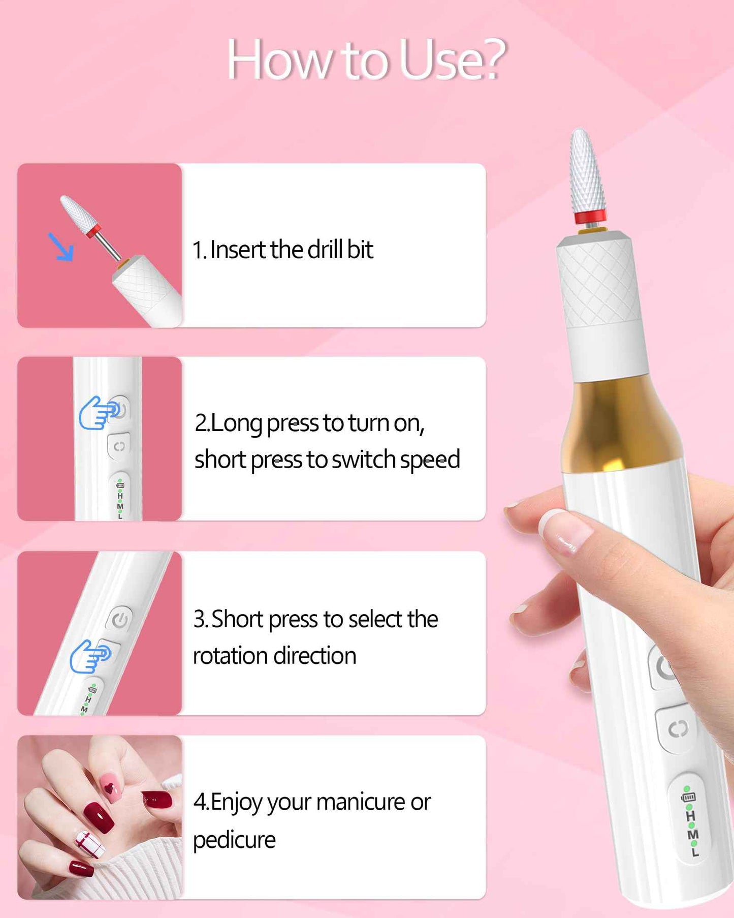 DEEHENK Nail Drill,Cordless Electric Files for Gel Nails E-File Manicure Kit Women Rechargeable Drill para Uñas Profesional Machine Grinder Acrylic White (M918)