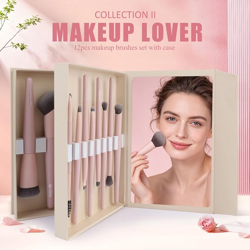 Professional Makeup Brush Set 12Pcs Matte Pink with Case - Lorvelane