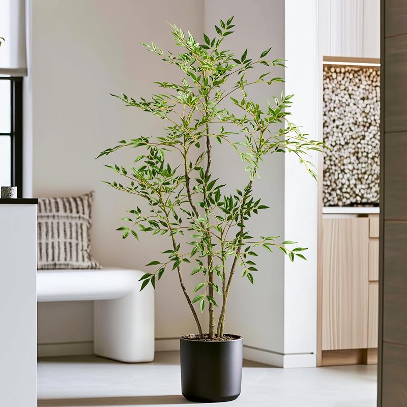 4.6ft Faux Bamboo Tree with 800+ Leaves in Cement Planter – Realistic Indoor Nandina Tree, Non-Toxic, Green Variation Included