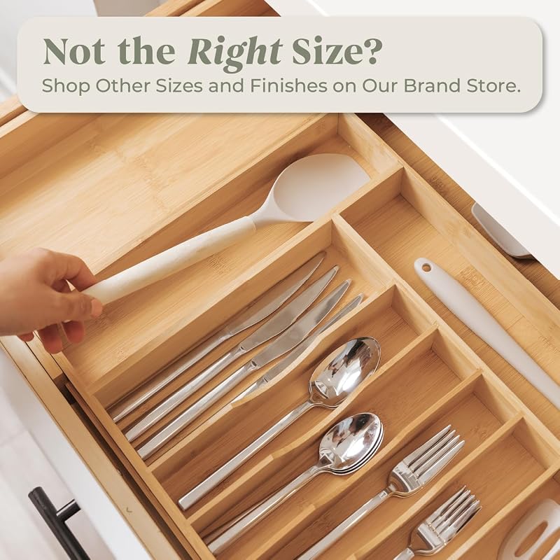 Adjustable Bamboo Silverware Drawer Organizer, 18.5"-33" Wide - KitchenEdge Natural
