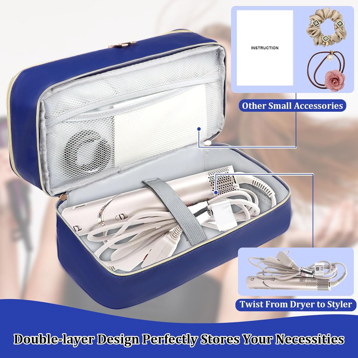 Shark Flex Style Travel Case - Double Layer Waterproof Organizer for Hair Dryer Attachments (Dianthus White)