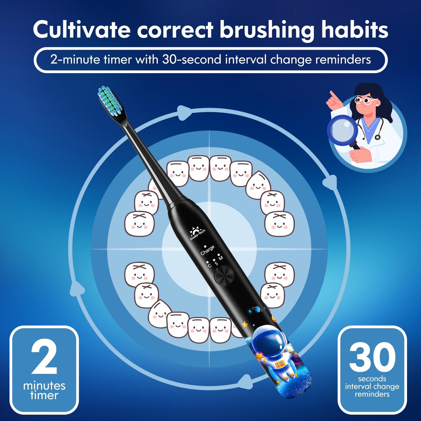Kids Electric Toothbrush Rechargeable Age 3-5-6-12-18 Year Old, Sonic Toothbrush Kids with Timer 3 Modes 4 Vibrating Heads Habit Stickers Tooth Brush for Girls Boys and Childrens (Astronaut Black)