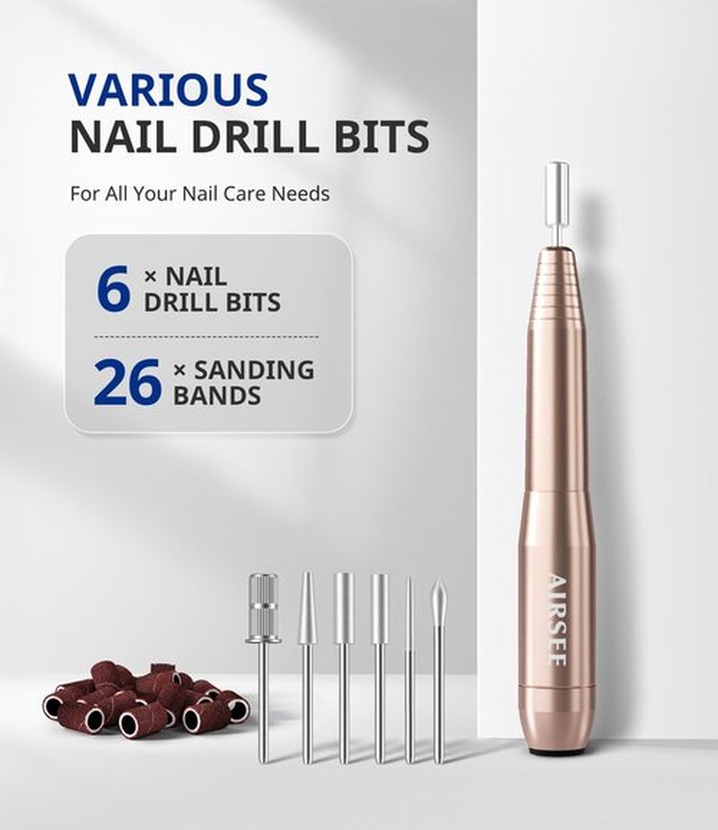 Airsee Studio Basic Electric Nail Drill, USB Portable Nail E File Machine for Professional Beginners, Manicure Pedicure Dremel Kit for Salon & Home Use, Gold