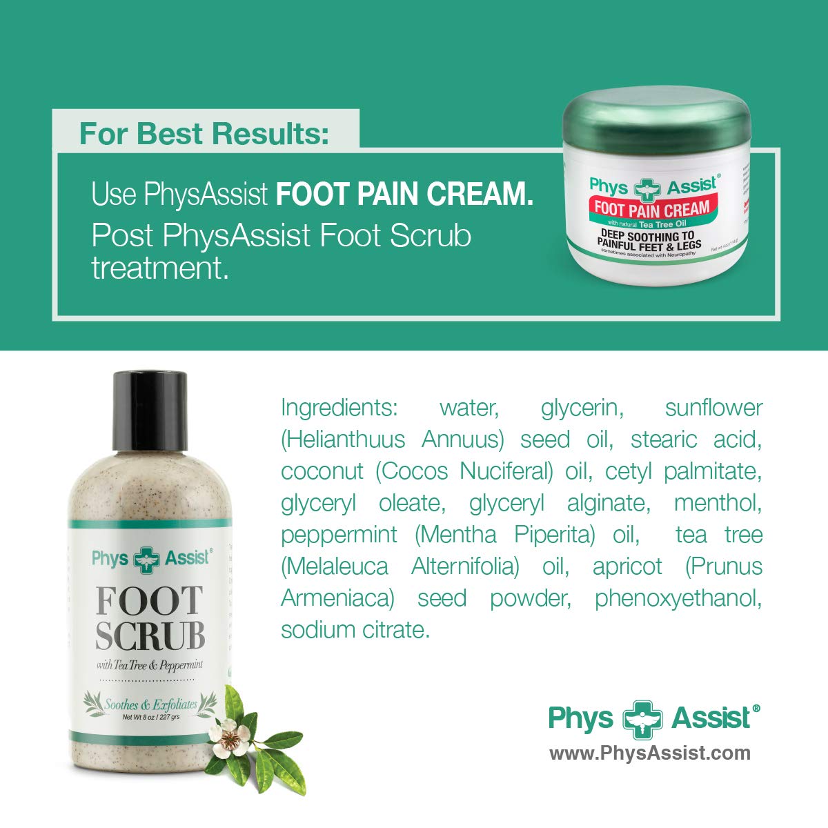 PhysAssist Tea Tree & Peppermint Foot Scrub 8 oz - Exfoliating & Cooling Relief for Tired Feet