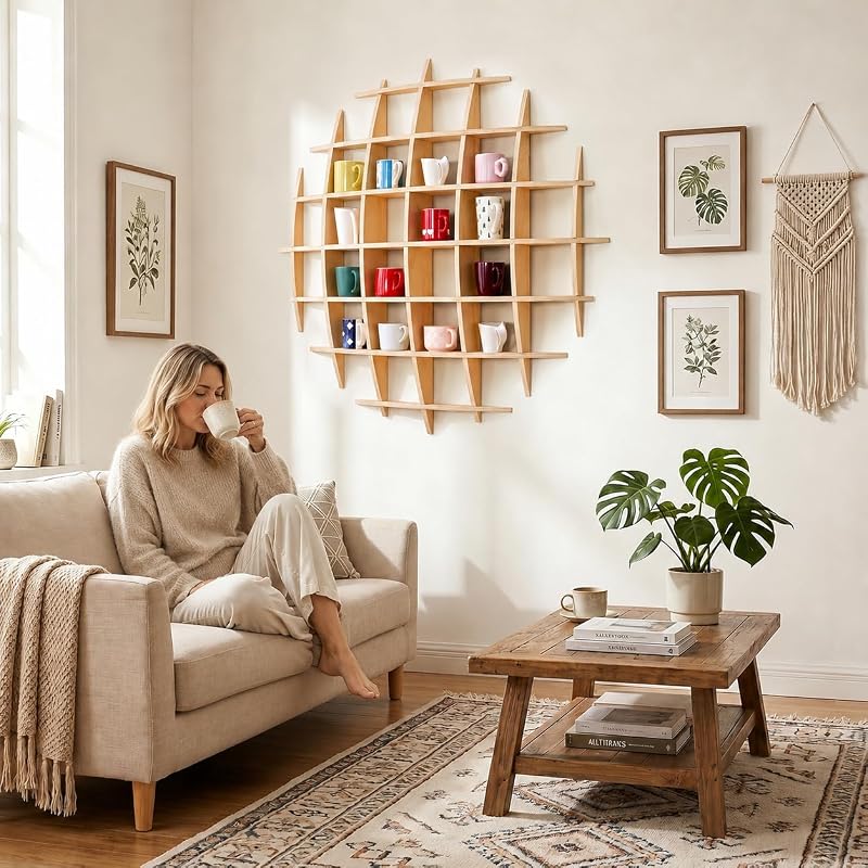Oversize 46 x 46 Inch Wall-Mount Mug Display Shelf with 28 Slots