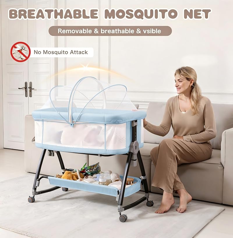Feelogos Baby Bassinet Bedside Sleeper with Mattress, 6-Height Adjustable Co-Sleeper with Mesh, Storage - Blue