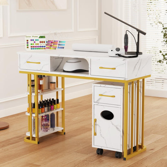 Kikihuose Manicure Table Nail Desk for Nail Tech, Marbling Texture Modern Nail Station with Wrist Cushion & Cabinet, Multipurpose Table for Home Office Beauty Spa Salon