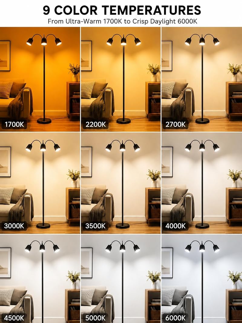Ultra-Warm 1700K 3-Head Floor Lamp with Remote, 80.7” Tall, Stepless Dimming & Memory