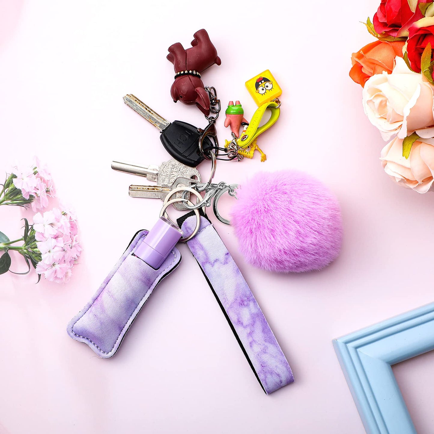 Hicarer 30 Pieces Marble Lipstick Holder Keychain Lip Balm Holder Set Lipstick Bags Set Includes Keychain Wristlet Lanyard, Marble Style Lip Balm Bag and Ball Pom Pom Accessory(Square)