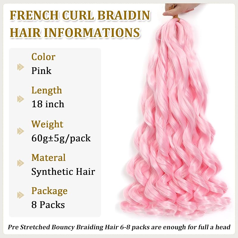 Pink 18 Inch French Curl Braiding Hair - 8 Packs (Variation: Pink+18 Inch)