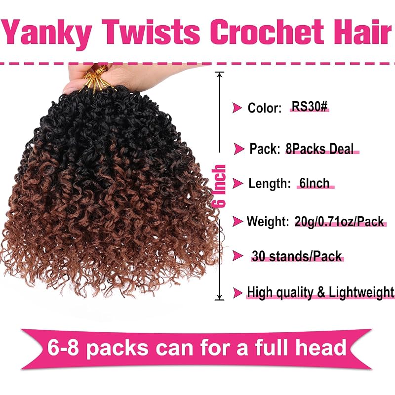 6 Inch Pre-Looped Yanky Twist Crochet Hair - 8 Packs, 240 Strands, Ombre Brown 1B/30#, Variation of THIS listing