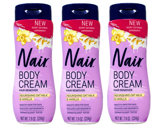 Nair Body Cream Hair Remover, Nourishing Oat Milk & Vanilla, Dermatologist Tested, 7.9 oz (Pack of 3)