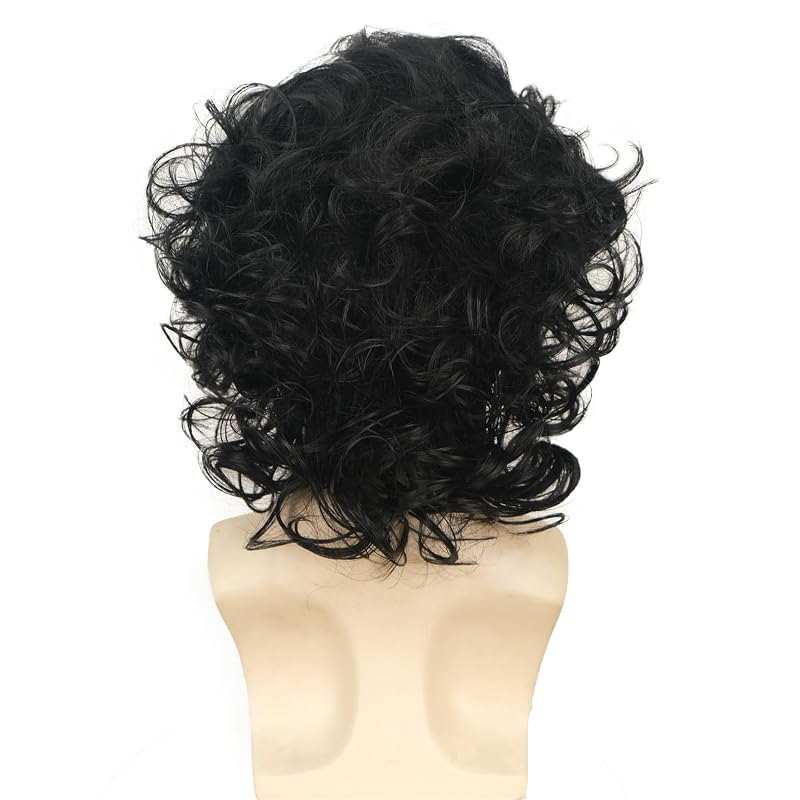 Aimole 12" Long Curly Men Wig - Black with Bangs, Synthetic High Temp Fiber, Cosplay