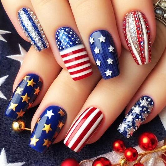 24Pcs Royal Blue Press on Nails Independence Day Medium Square Fake Nails 4th of July Stick on Fingernails Glossy American Flag Star Acrylic False Nails Fourth of July Glue on Nail for Women