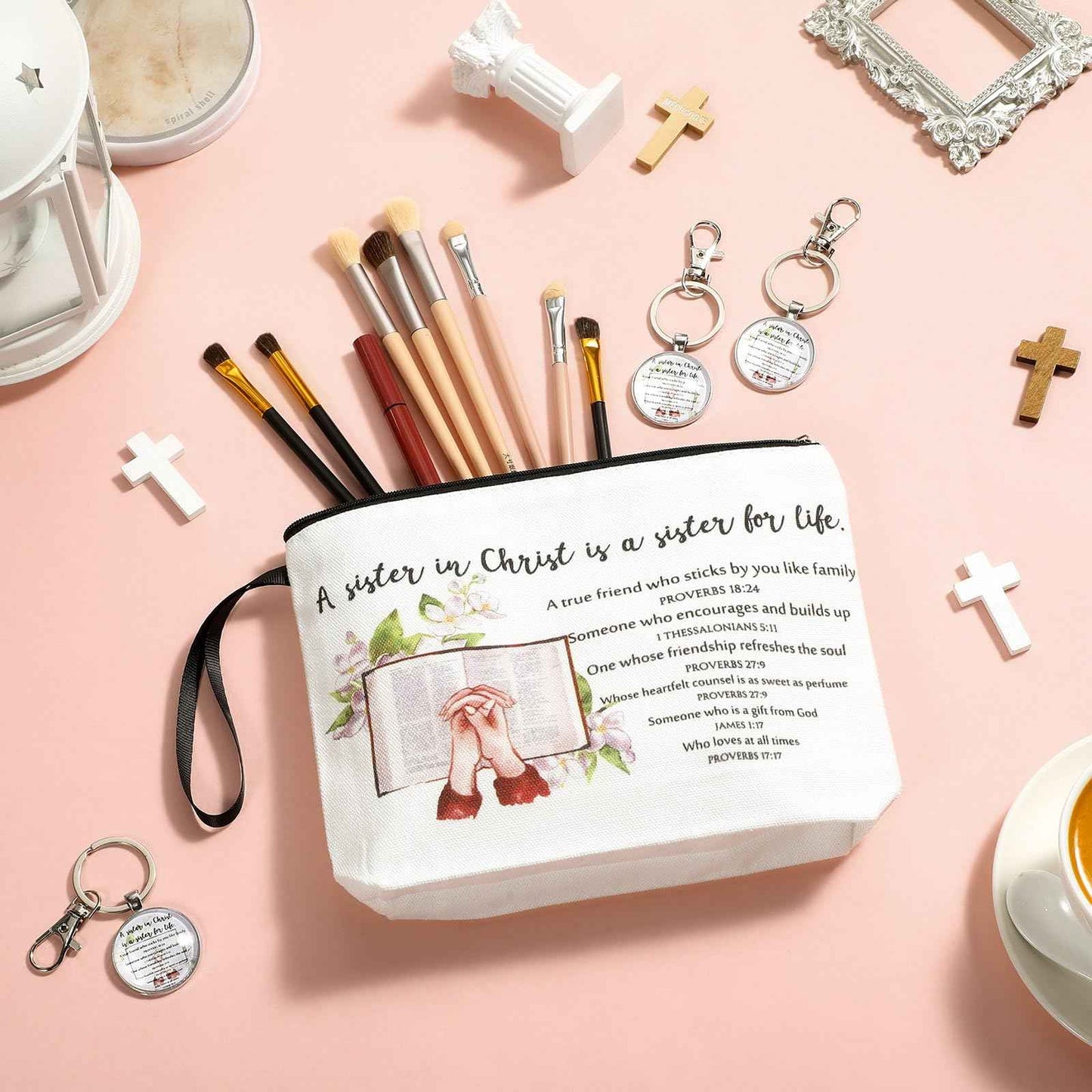 Dansydaisy 16 Pcs Christian Church Sister in Christ Makeup Bag Bible Verse Keychains for Women Birthday Friendship Gift