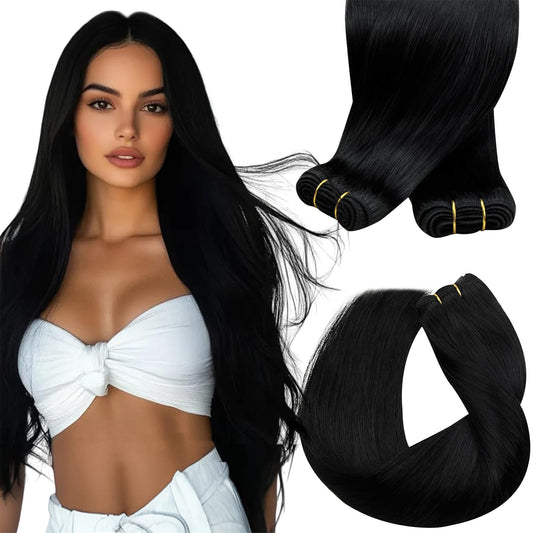 Sunny Hair 22 inch Sew in Hair Extensions Real Human Hair Jet Black Sew in Hair Extensions Long Hair Black Real Human Hair Extensions Weft Black Human Hair Weft Extensions for Women 100g