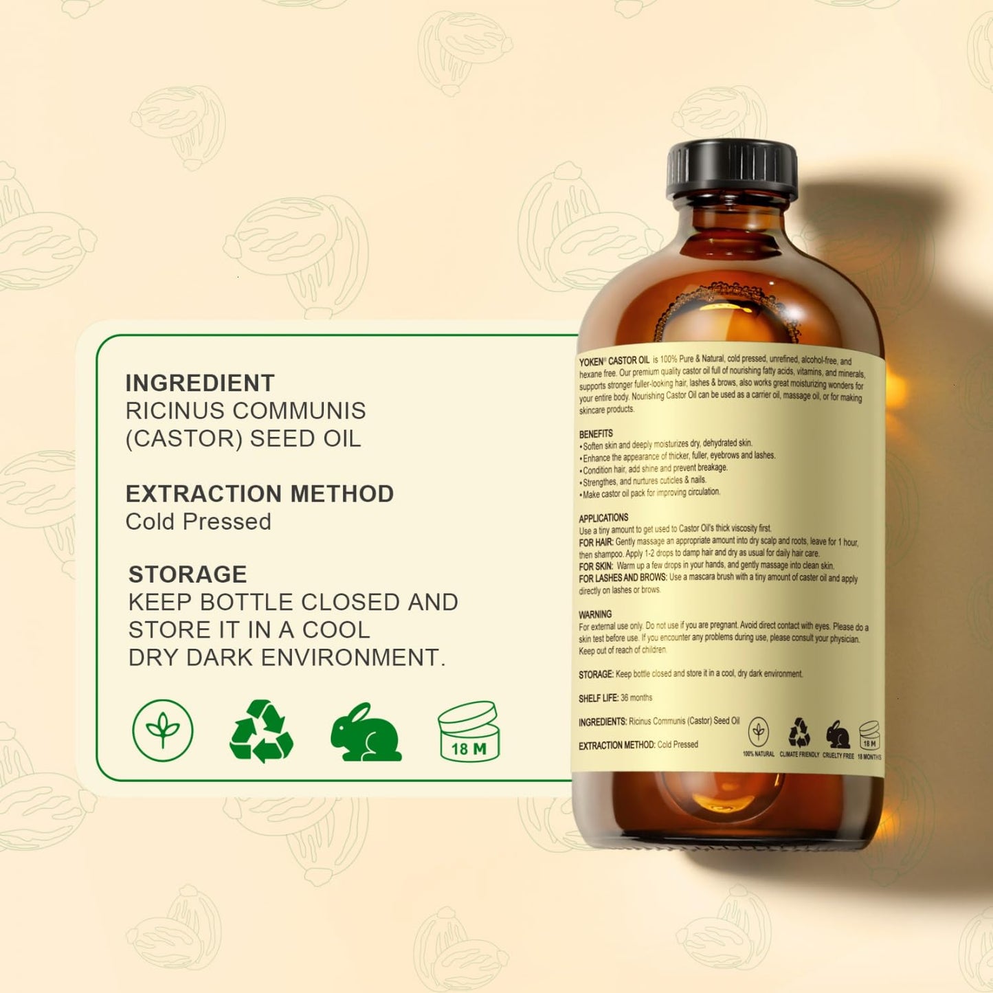 Yoken EWG Verified Castor Oil Glass Bottle 16 fl oz 100% Pure Natural Cold Pressed Castor Oil for Face, Body, Hair, Eyelash, Skin - Hexane Free, Unrefined, Virgin, Rich Fatty Acid for Caster Pack Wrap