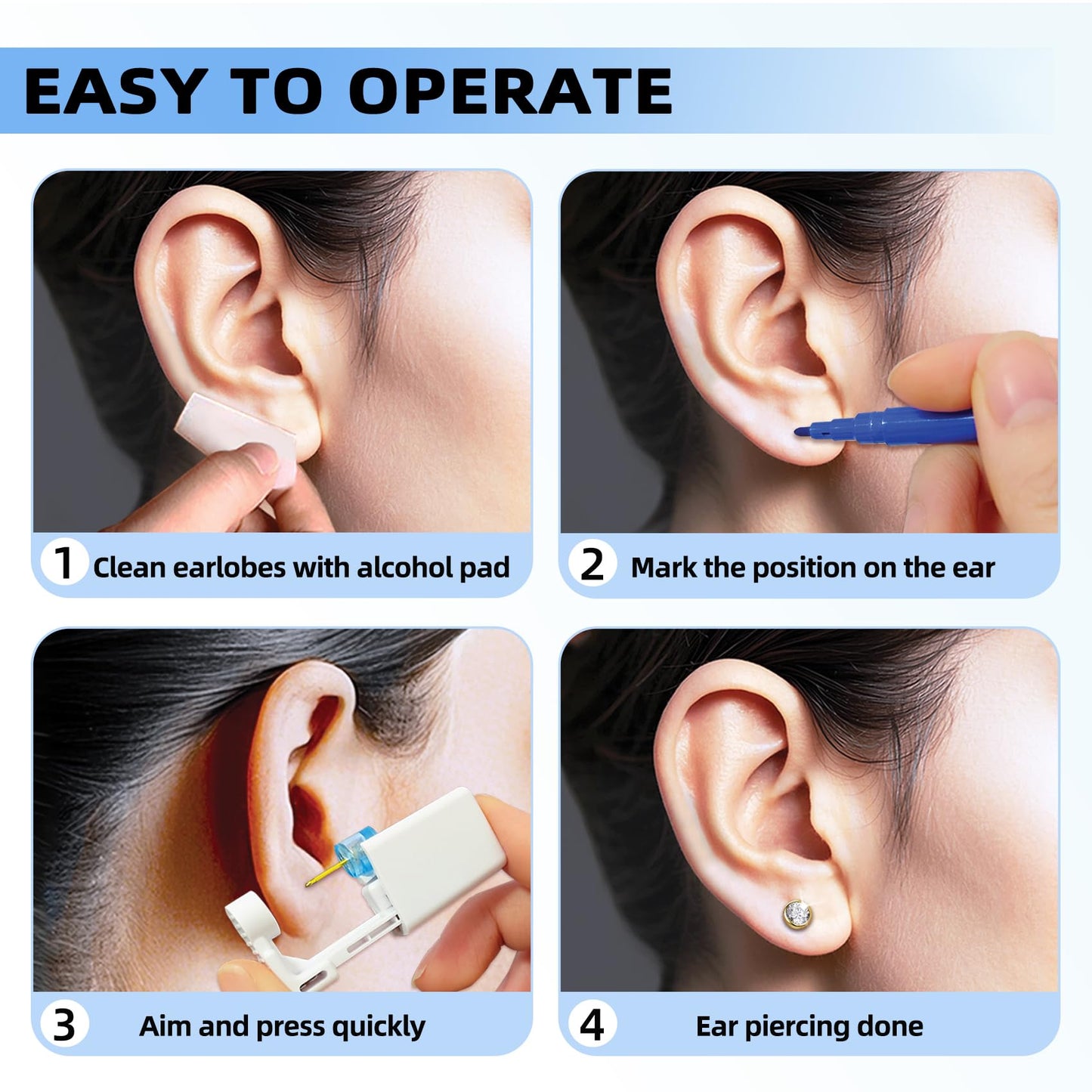Get the Perfect Ear Piercing with 24Pcs Premium Ear Piercing Kit - Includes 8 CZ Diamond Earrings and 8 Easy-to-Use Self Ear Piercing Gun - Safe and Painless