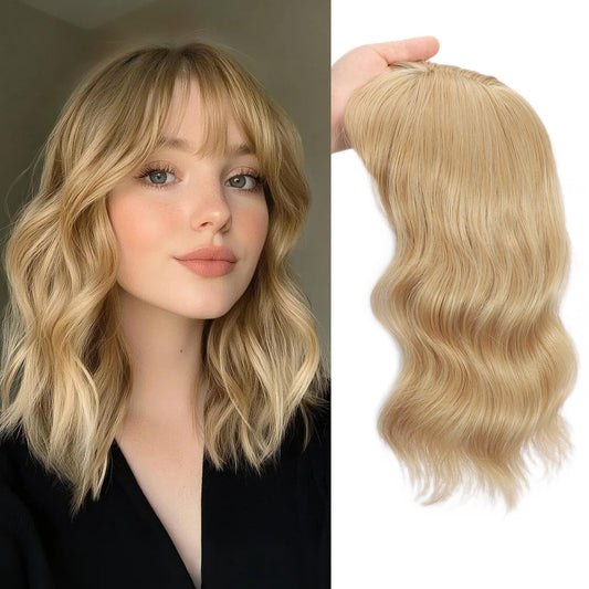 TYQ Hair Toppers for Women with Thinning Hair 14 Inch, 360° 3D Synthetic Curly Wavy Wispy Clip in Bangs（Dark Root to Blonde）
