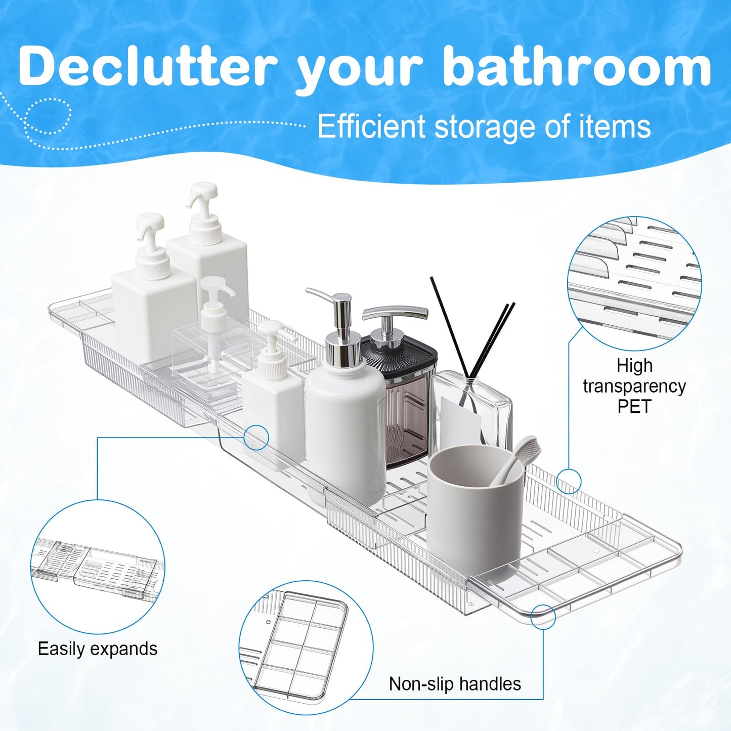 Honeydak Expandable Bath Toys Organizer Bath Toy Storage Basket Clear Acrylic Bathtub Tray with 3 Compartment Horizontal Large Openings Bath Toy Caddy Shelf Holder for Bathtub Toy Storage