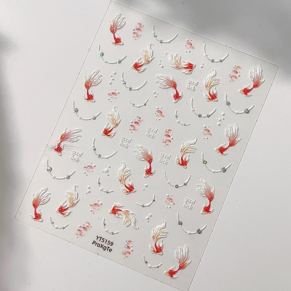 5D Embossed Koi Fish Nail Stickers Self-Adhesive Goldfish Nail Art Stickers Sparkly Koi Pearl Rhinestones Designs Cute Nail Art Supplies Glitter Nail Decals for Women Girls Acrylic Nail Salon DIY