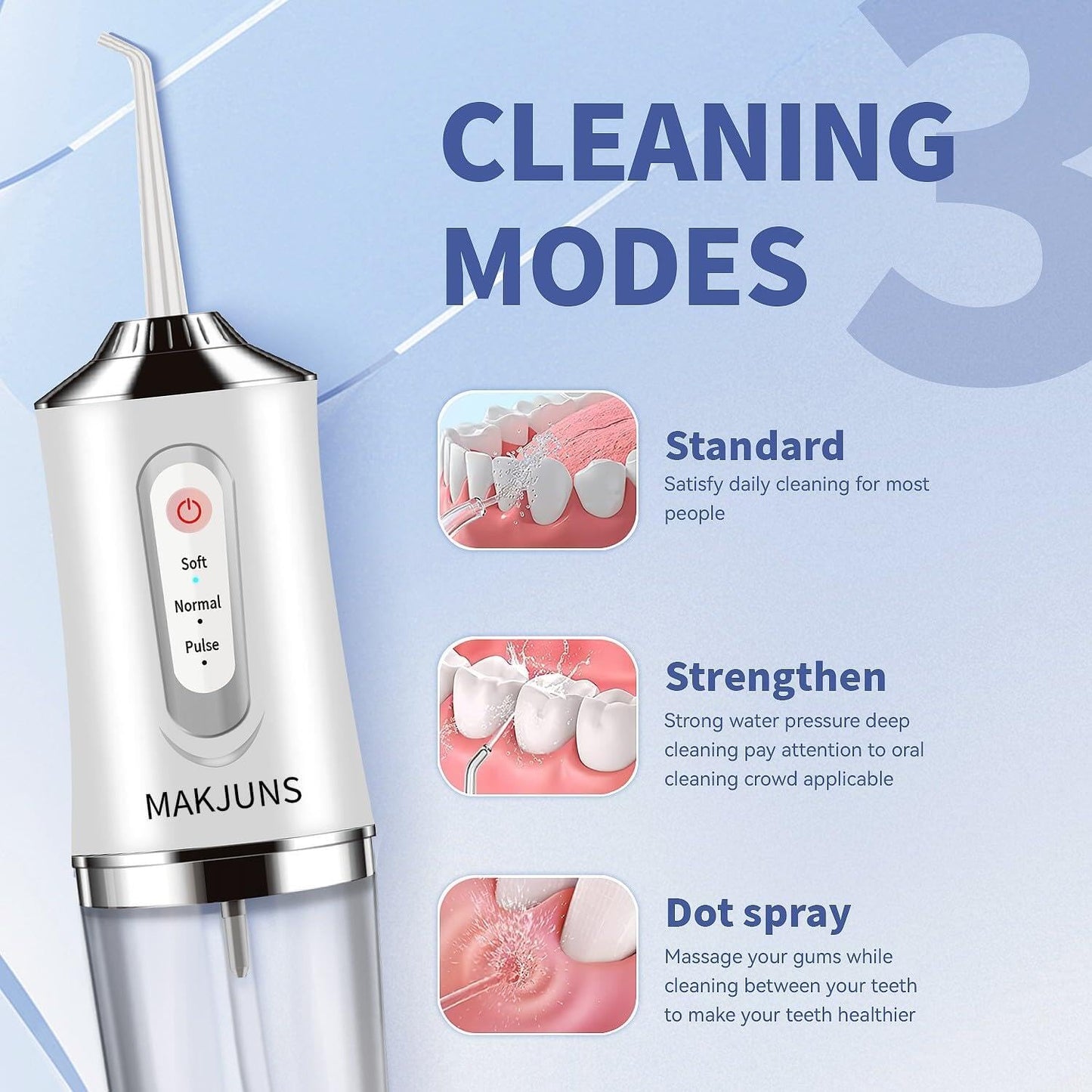 Water-Flosser-Cordless-Teeth-Cleaner Water Dental Flosser with 3 Modes 4 Jets Rechargeable IPX7 Waterproof for Travel Home Braces(White)