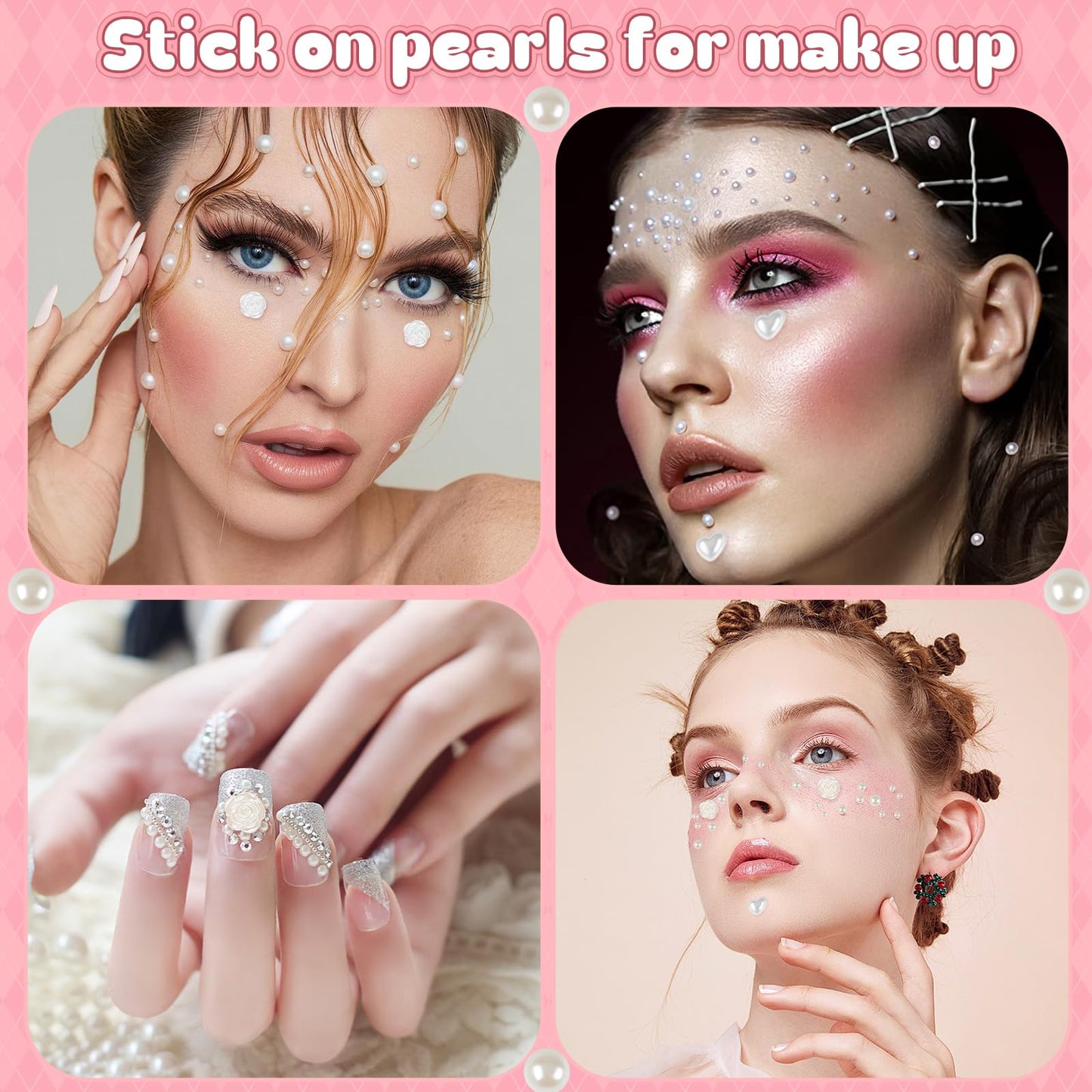 GIFOHAPY 4366 PCS Self Adhesive Pearl Stickers，Pearl Stickers for Crafts Kids，Assorted Sizes & Shape Stick on Pearls for Hair, Face, Makeup, Eye 3mm/4mm/5mm/6mm/8mm/10mm/Rose/Heart Shape