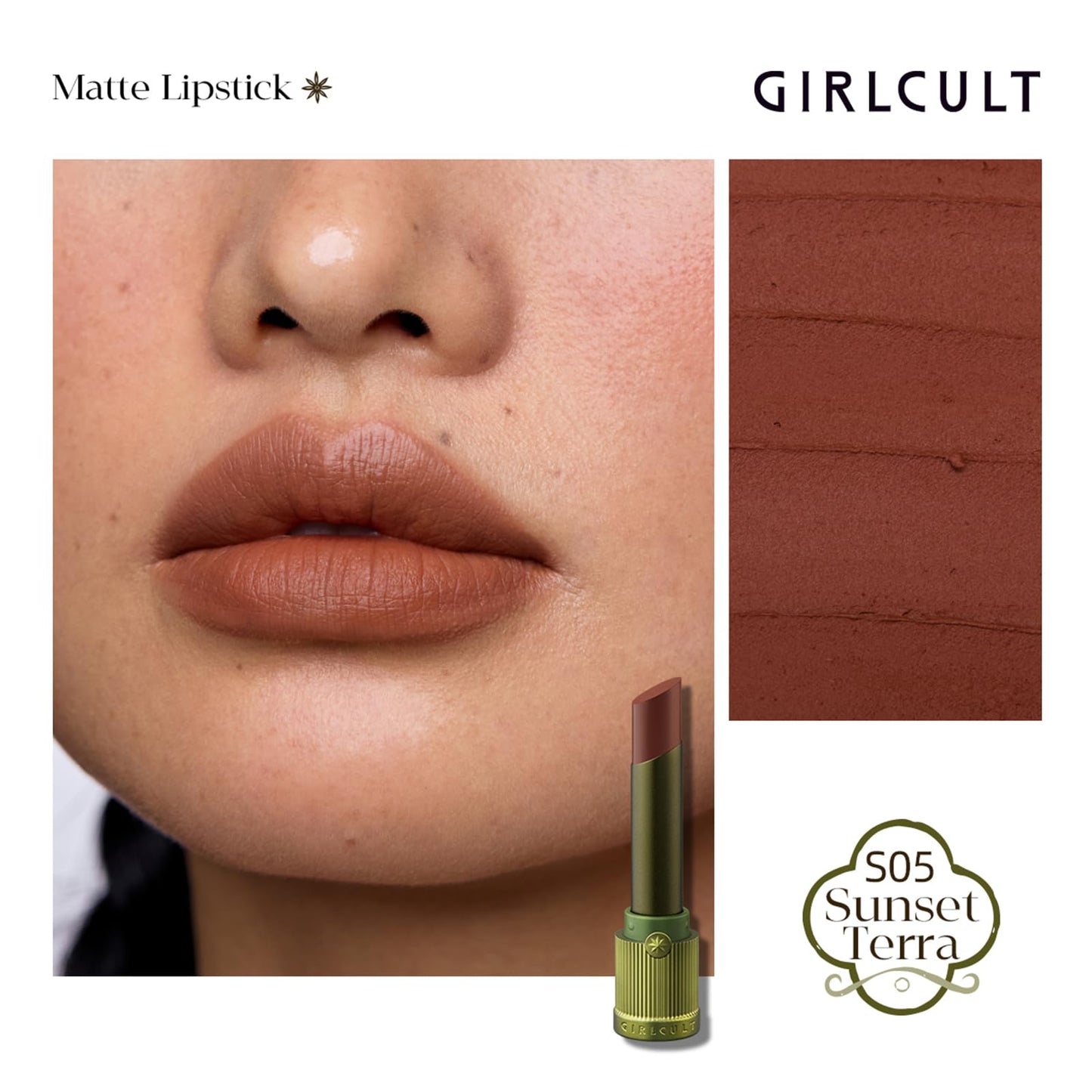 GIRLCULT Matte Lipstick – Long Lasting Velvet Finish, Smudge Proof & Lightweight Lipstick for Women, Transfer Proof One-Swipe Color, Gift for Her (S05)